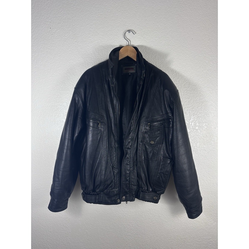 Vintage Osaka Real Leather Bomber Jacket Black Full Zip Utility Y2K Men's Size L